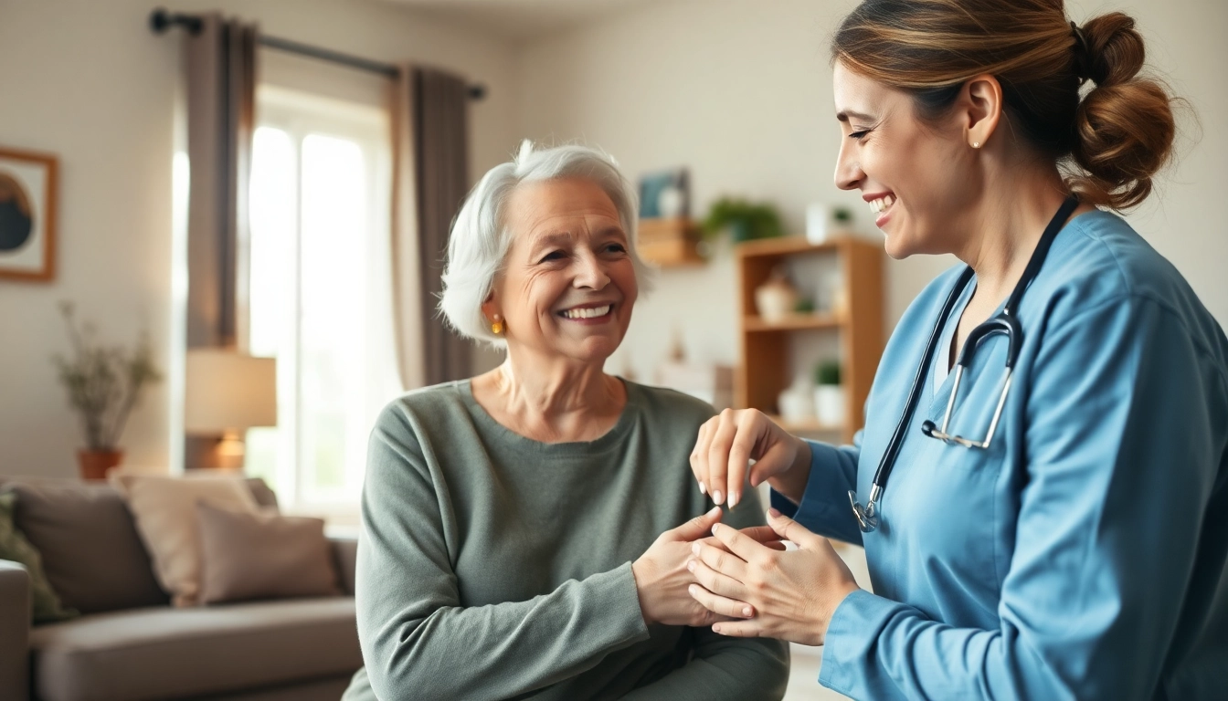 Caregiver assisting an elderly individual embodies at home health care services near me in a warm, inviting environment.