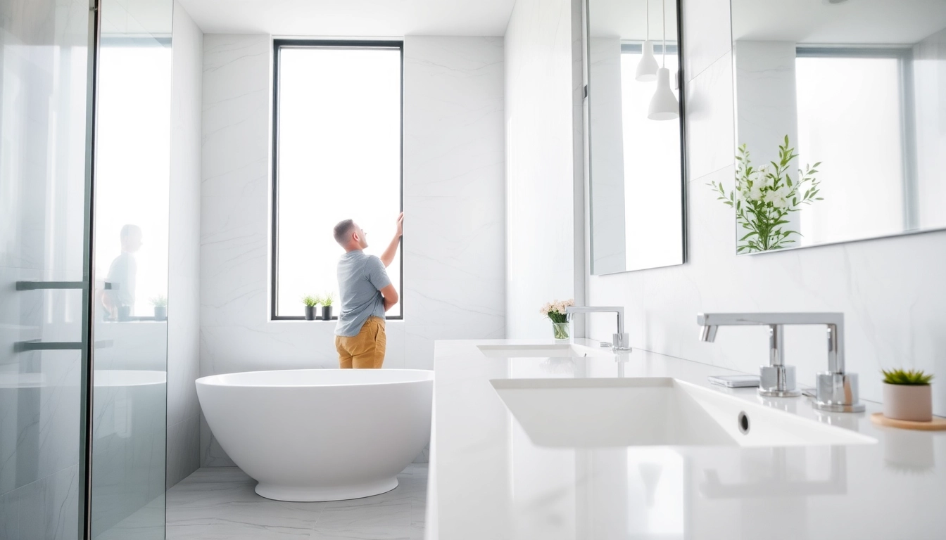 Bathroom remodel contractor installing fixtures in a modern upscale bathroom renovation.