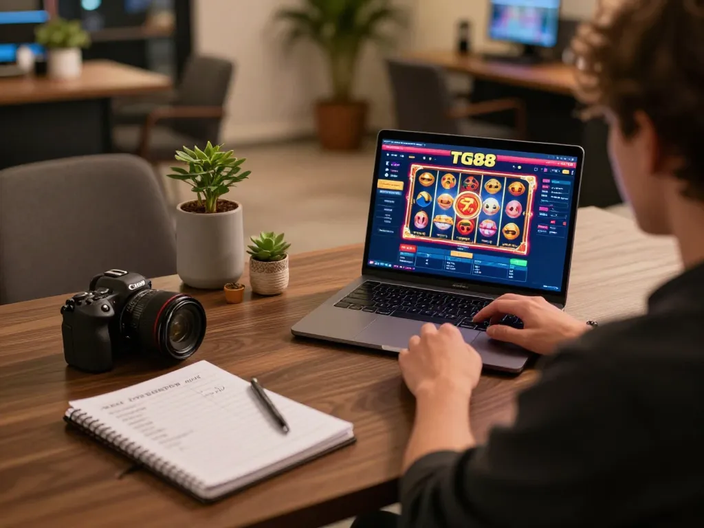 Playing TG88 slots on a laptop in a cozy home office setting, capturing online gaming excitement