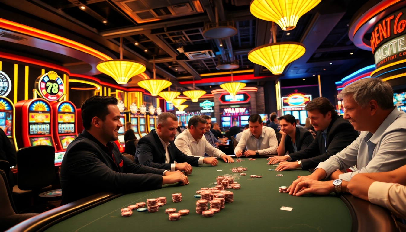 Menang besar di meja poker casino bbni4d dengan pemain bersemangat dan dekorasi yang menyala.