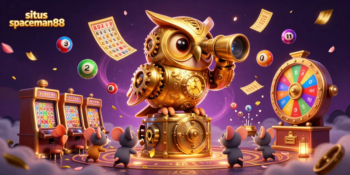 Play on situs spaceman88 with a dynamic casino scene featuring an animated golden owl and vibrant game elements.