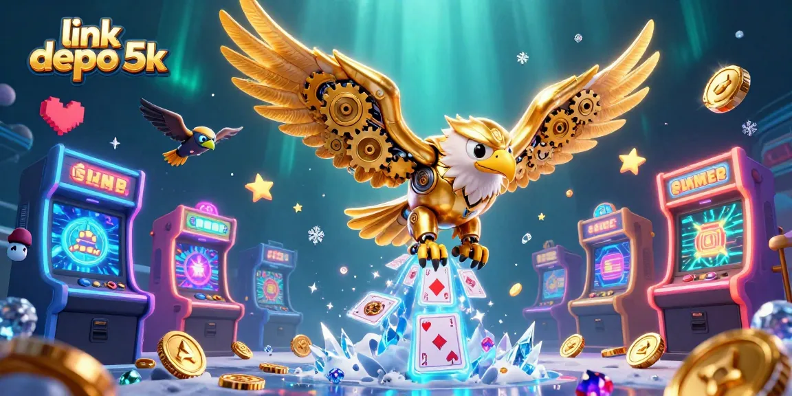 Experience the excitement at link depo 5k with a dynamic 3D illustration of a cybernetic eagle among casino game elements.