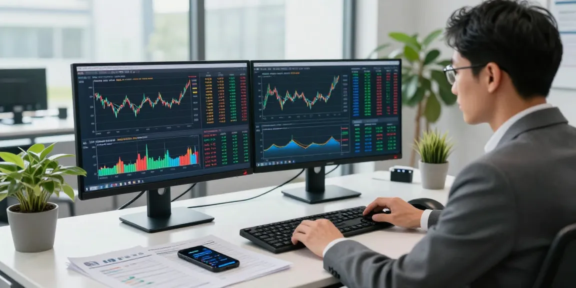 Professional analyst using commodities price tracker in dynamic office setting, showcasing real-time data analysis.