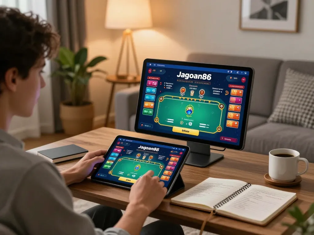Engaging with jagoan86 casino app on a tablet in a cozy living room.