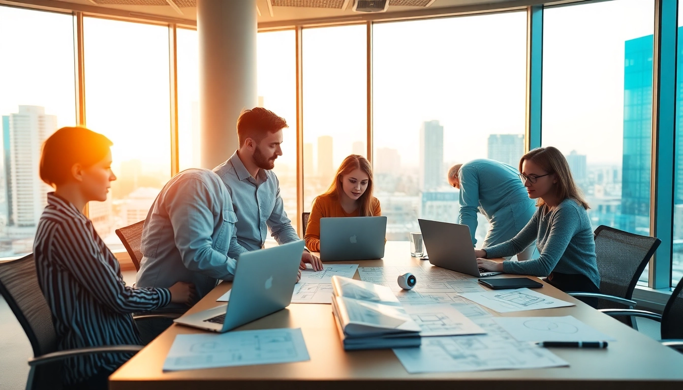 A collaborative scene of a rail systems company team reviewing plans in a modern office.