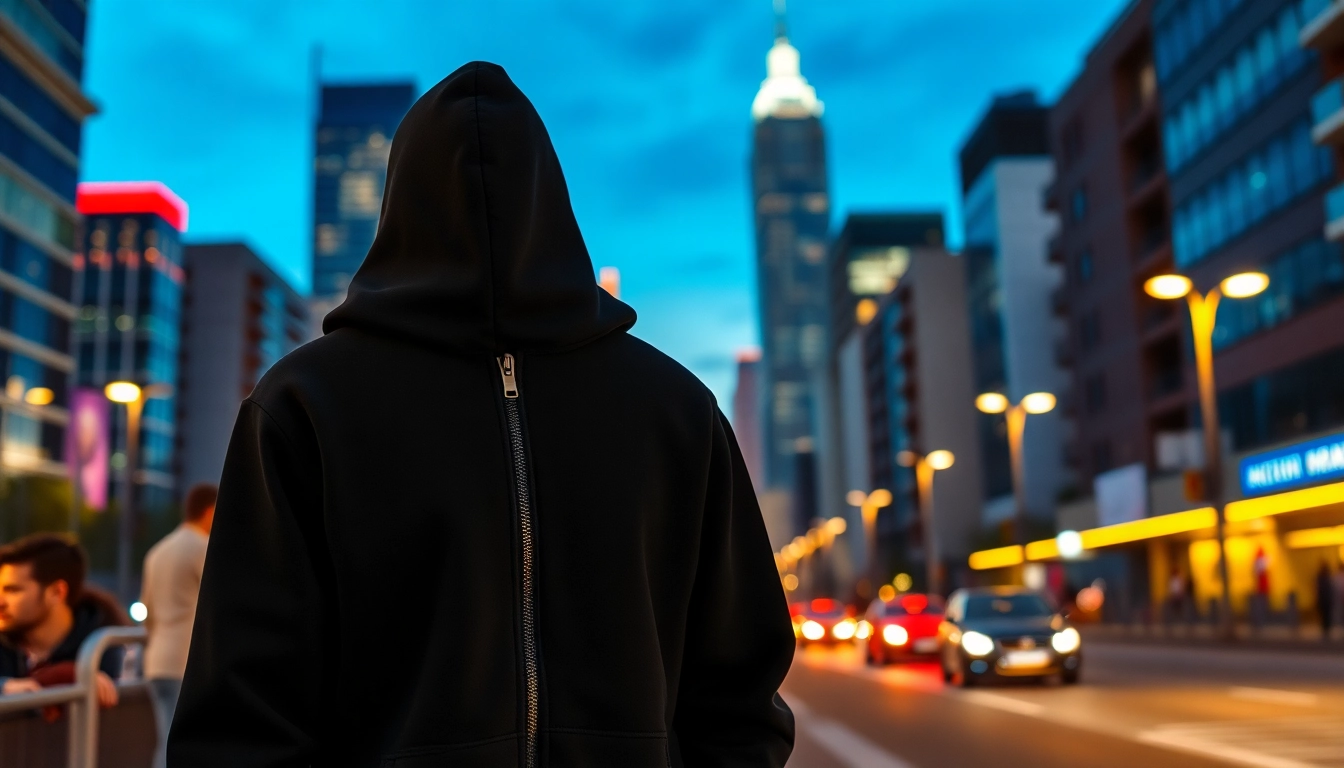 Model showcasing a stylish black zip up hoodie against an urban backdrop.