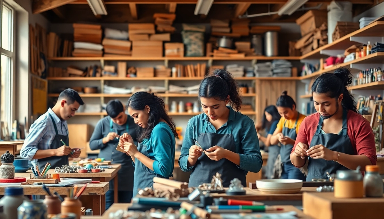 Showcasing the craft trainee program with a diverse group of artisans collaborating in a vibrant workshop.