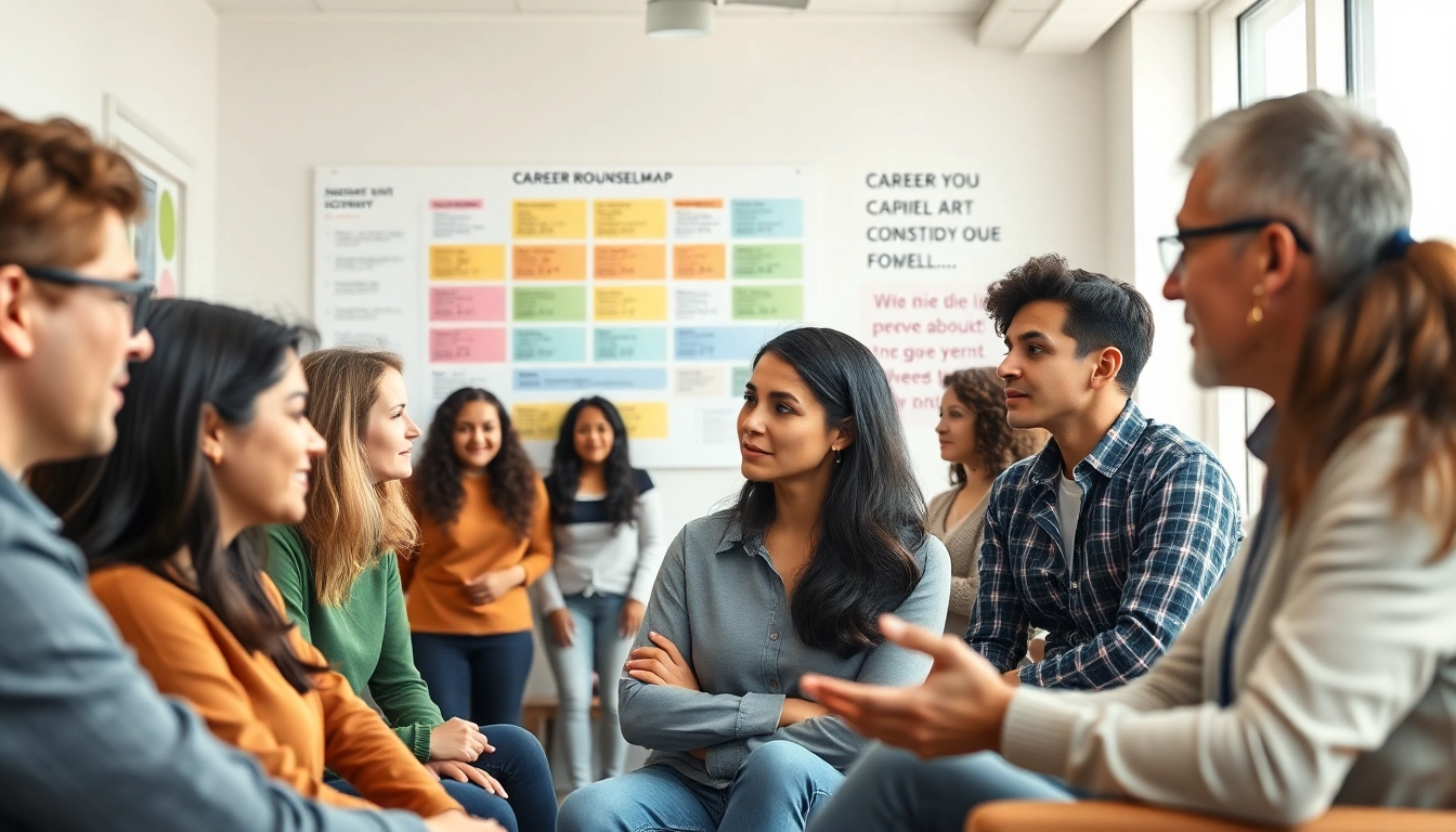 Individuals discussing how to Find my true calling in a vibrant career counseling office.