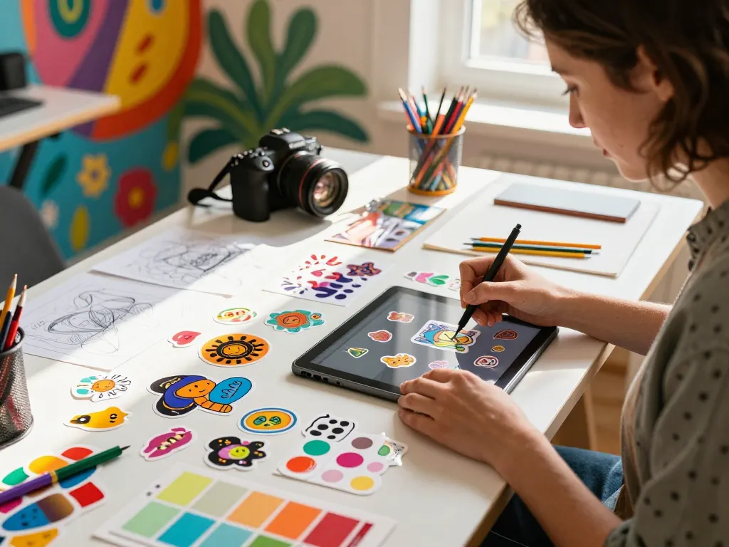 Designer creating custom stickers with vibrant color swatches and samples in a bright workspace.