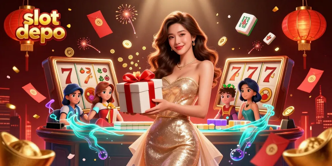 Experience slot depo gaming excitement with a stunning digital illustration of a festive Lunar New Year casino theme.