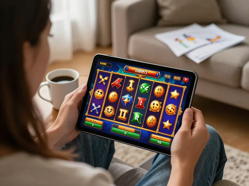 Pemain menikmati permainan slot demo yang mendebarkan di tablet di tengah suasana rumah yang nyaman.