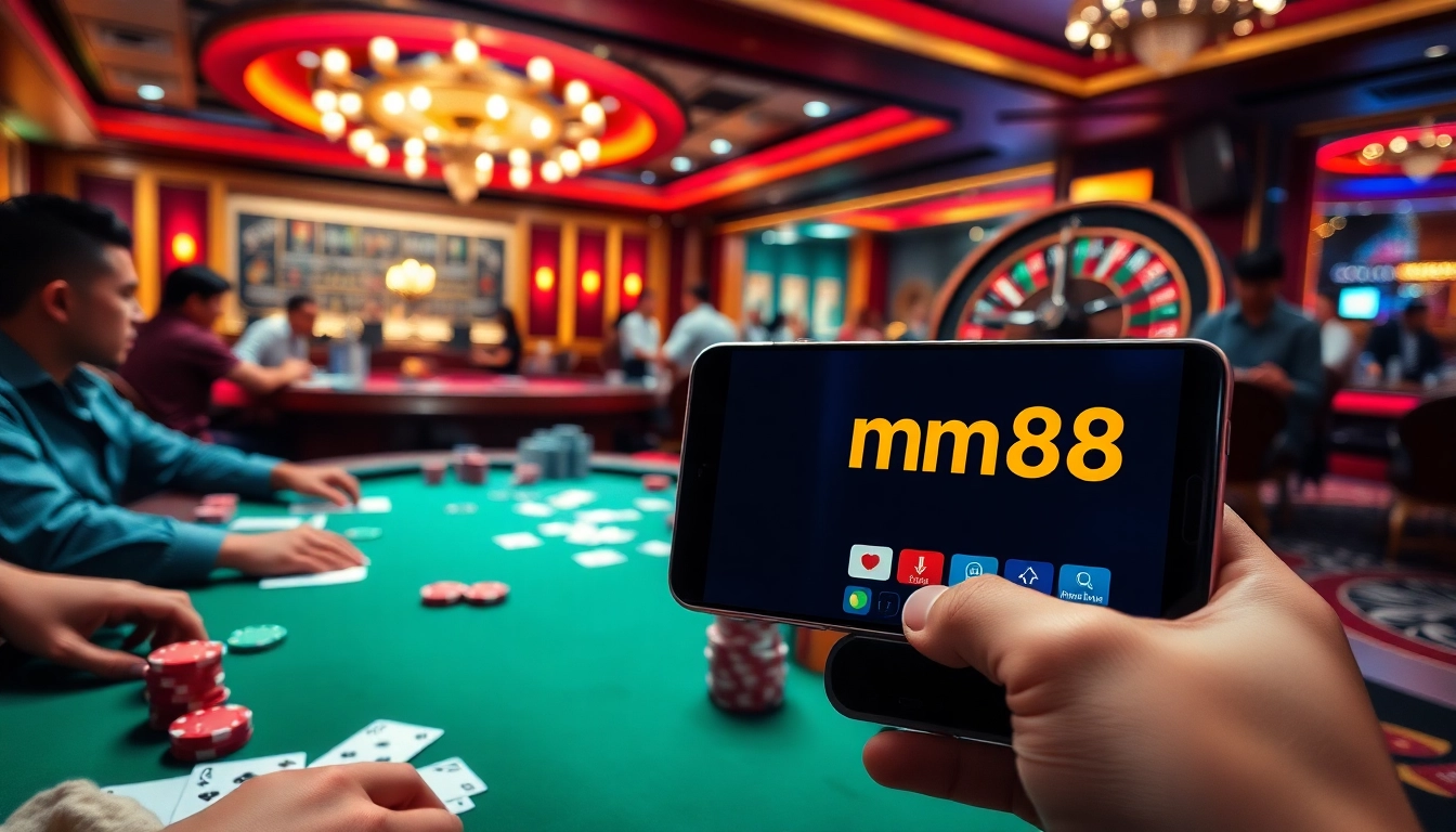 Experience thrilling gameplay at mm88.com with vibrant poker tables and roulette wheels in a luxurious casino.