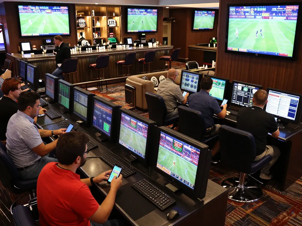 tv88 bettors analyze odds and engage in lively discussions at a sports betting venue