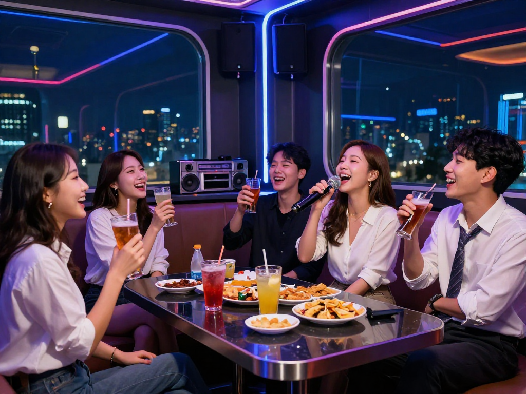강남 타이밍에서 즐기는 화려한 가라오케 장면, 친구들과 함께 노래하며 즐거운 분위기 연출