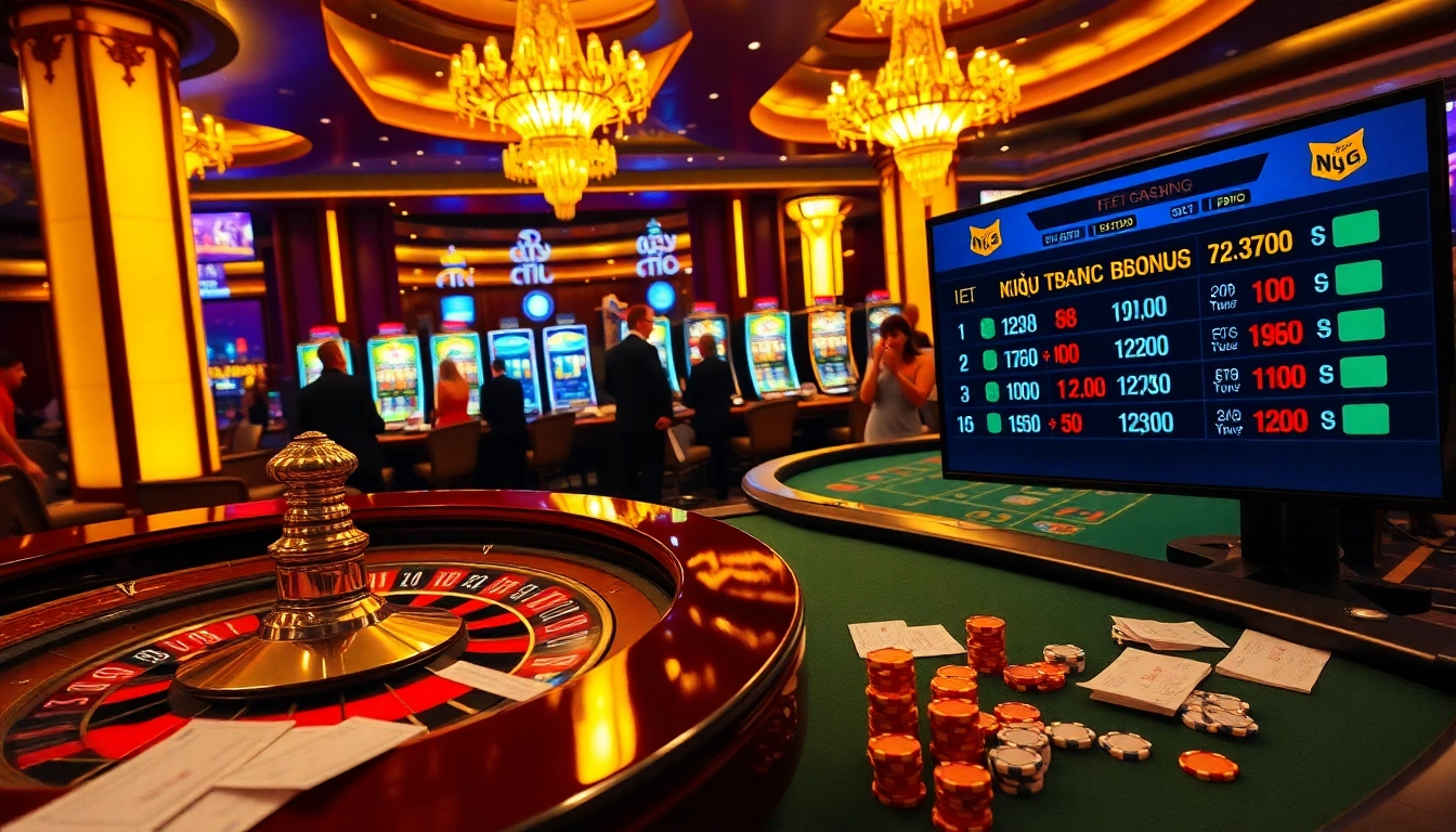 Kết quả các trận bóng đá displayed on a digital screen amid a bustling casino environment with roulette wheels and poker tables.