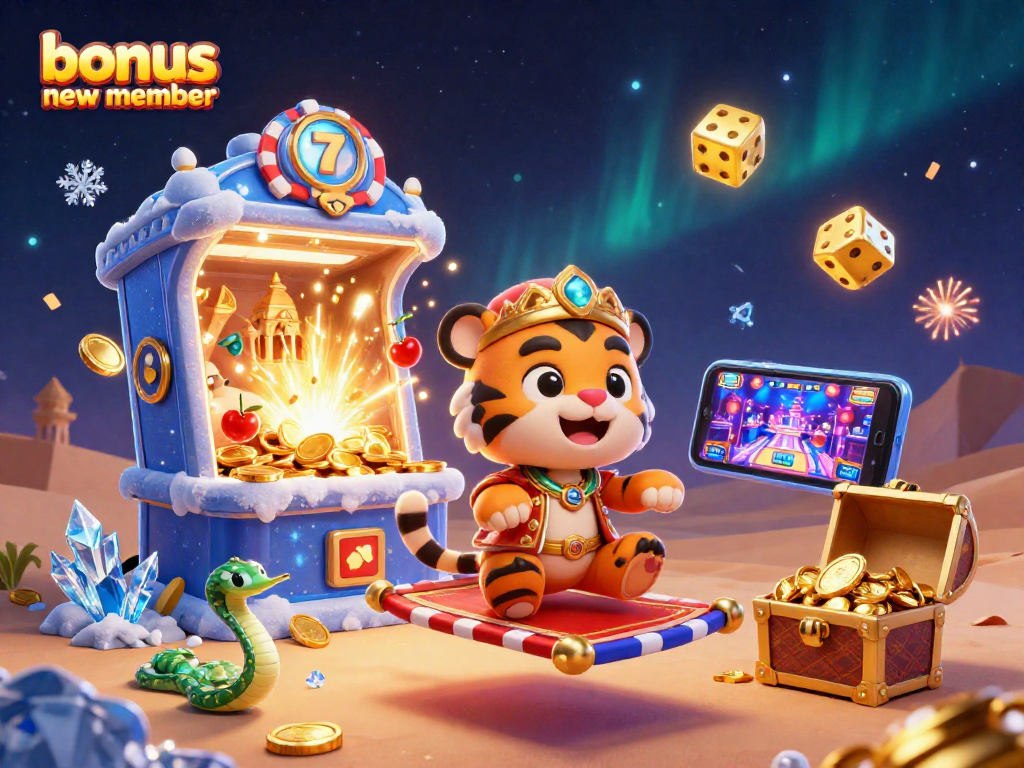 Experience the thrill with bonus new member in this vibrant 3D casino scene featuring slot machines and rich visuals.