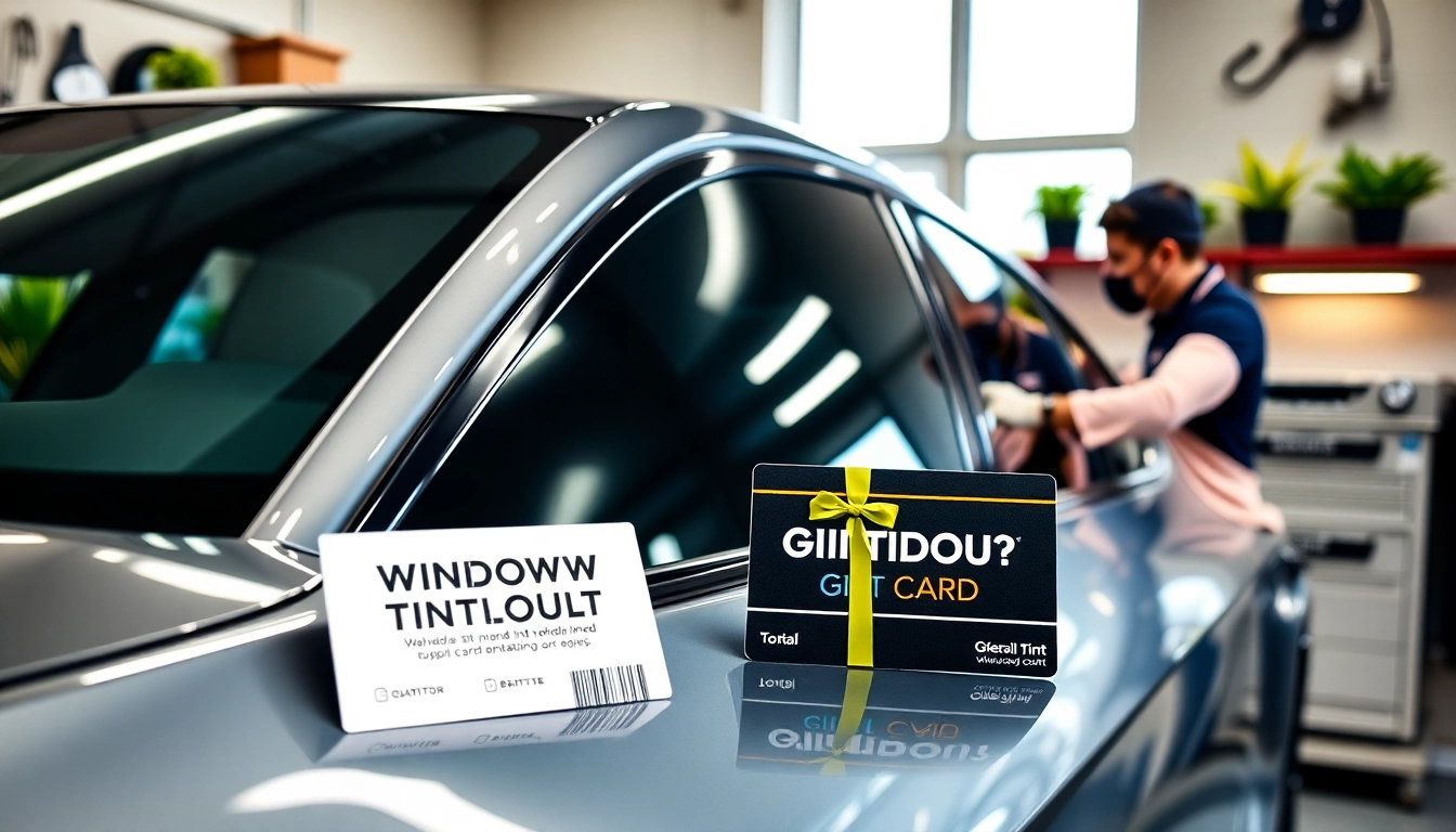 Purchase a window tint gift card showcasing sleek vehicles being tinted at a professional shop.