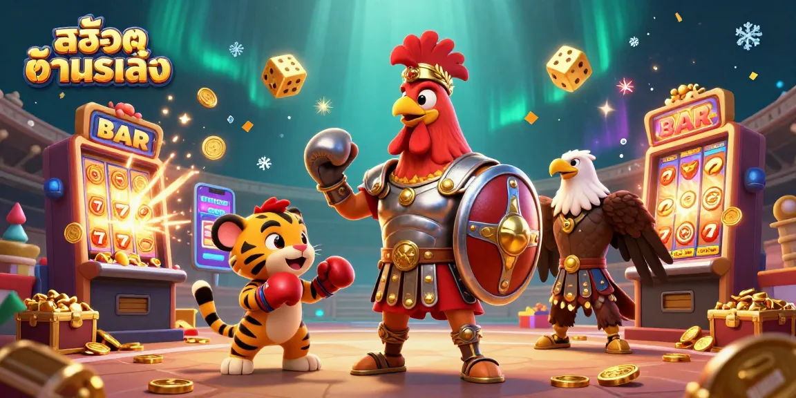 Engage in exciting สล็อตทดลองเล่น with a cartoon gladiator rooster, jackpots, and vibrant casino action.
