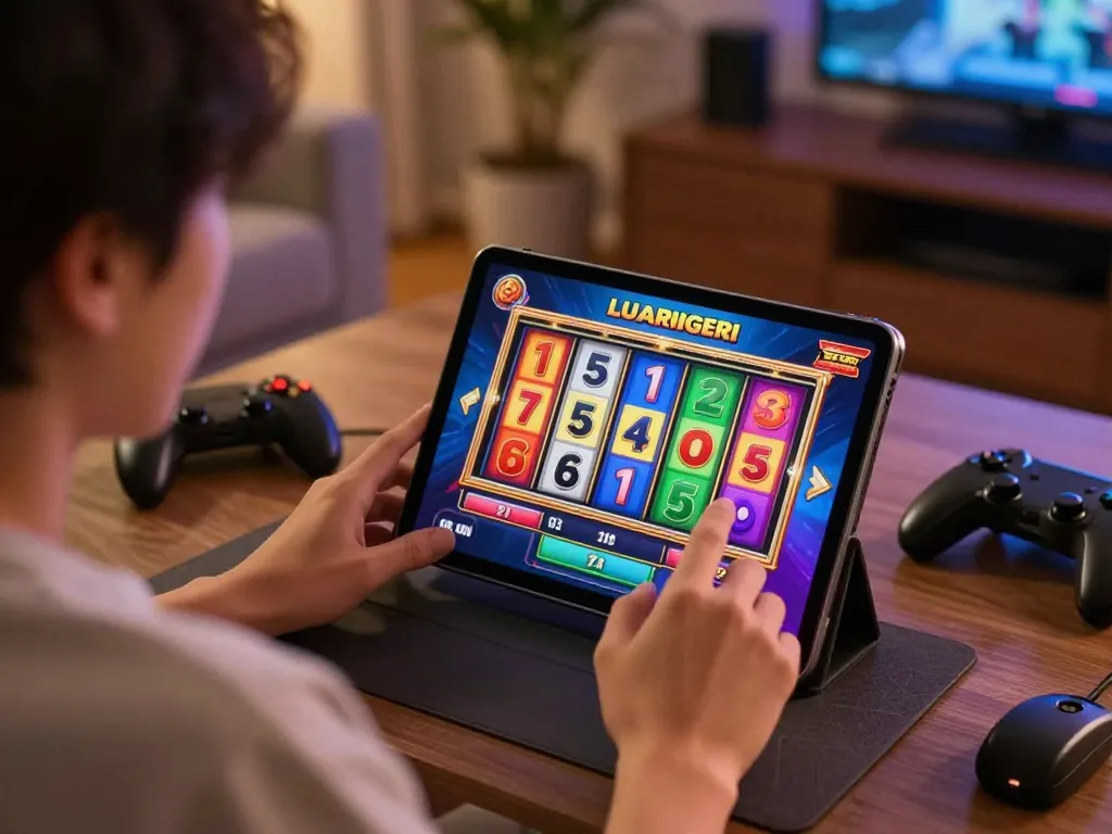 Engaging in gameplay on a tablet with slot server luar negeri in a cozy home setting.
