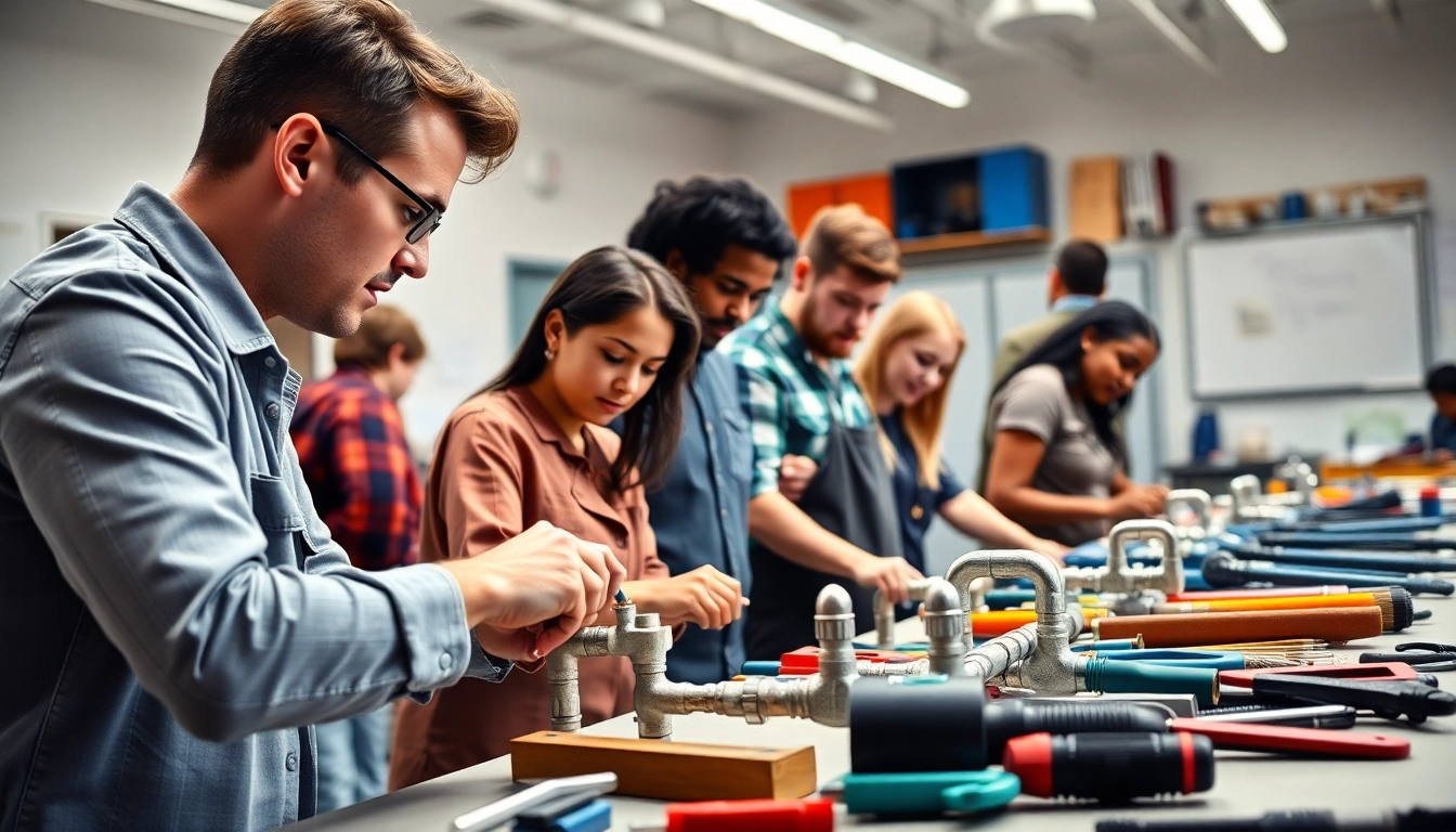 Engaged students participating in skilled trades training activities in a bright classroom setting.