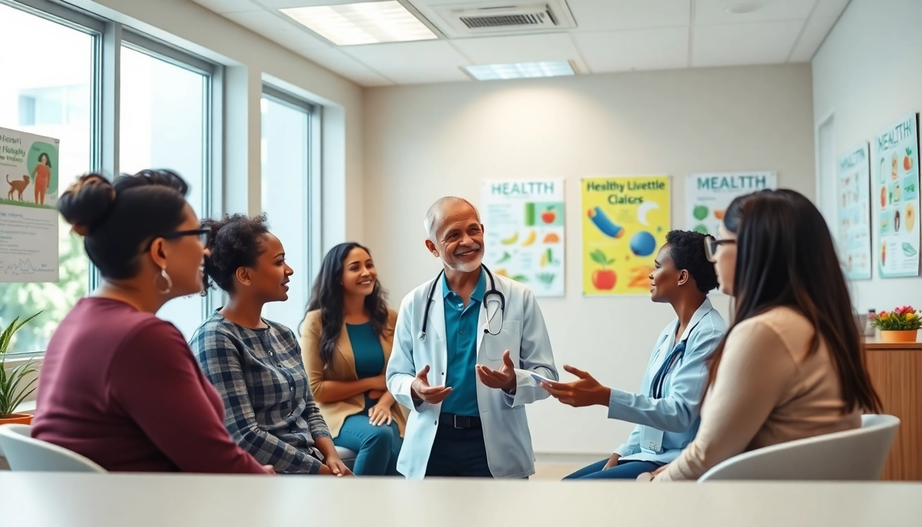 Health expert consulting with patients in a welcoming clinic.