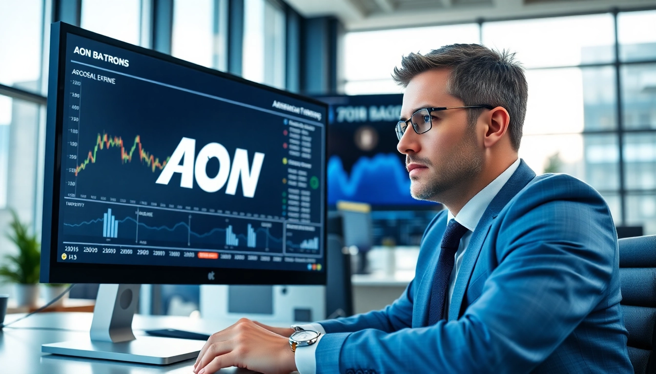 Monitor displaying AON stock price trends with a professional analyst in a modern office.