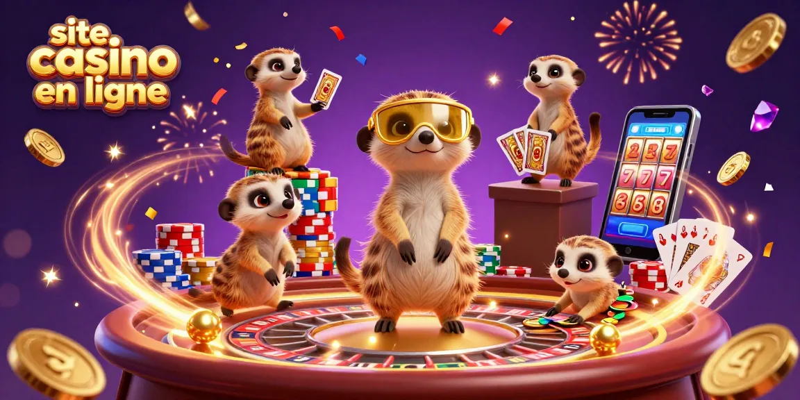 Jouez sur un site casino en ligne avec cette illustration dynamique de suricates animant un casino actif.
