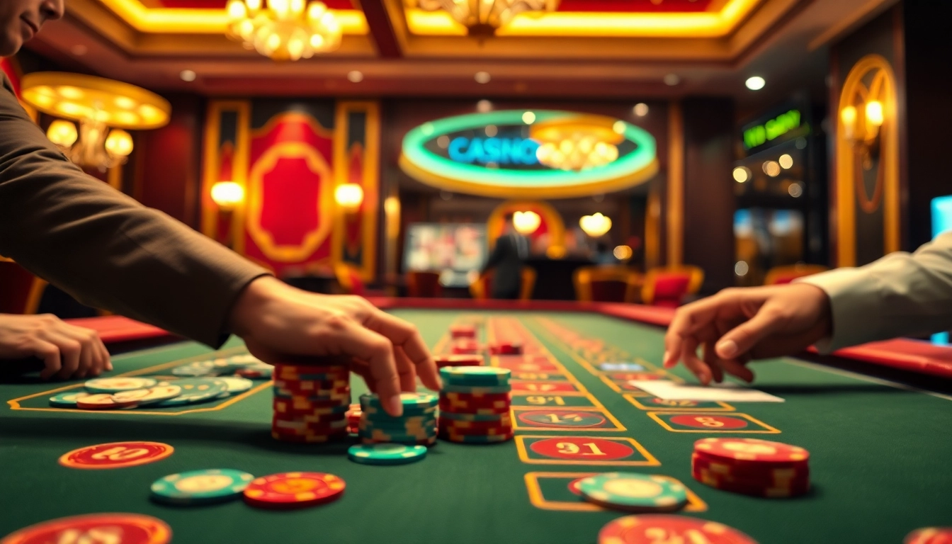 Menampilkan suasana memainkan situs toto di kasino dengan kartu dan chip berwarna-warni.