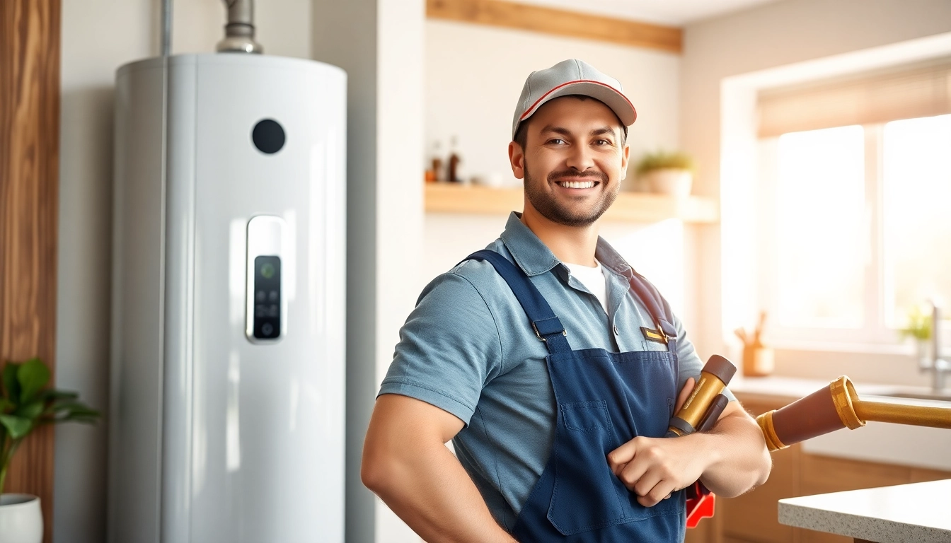 Local plumber showcasing water heater installation skills in a modern kitchen.