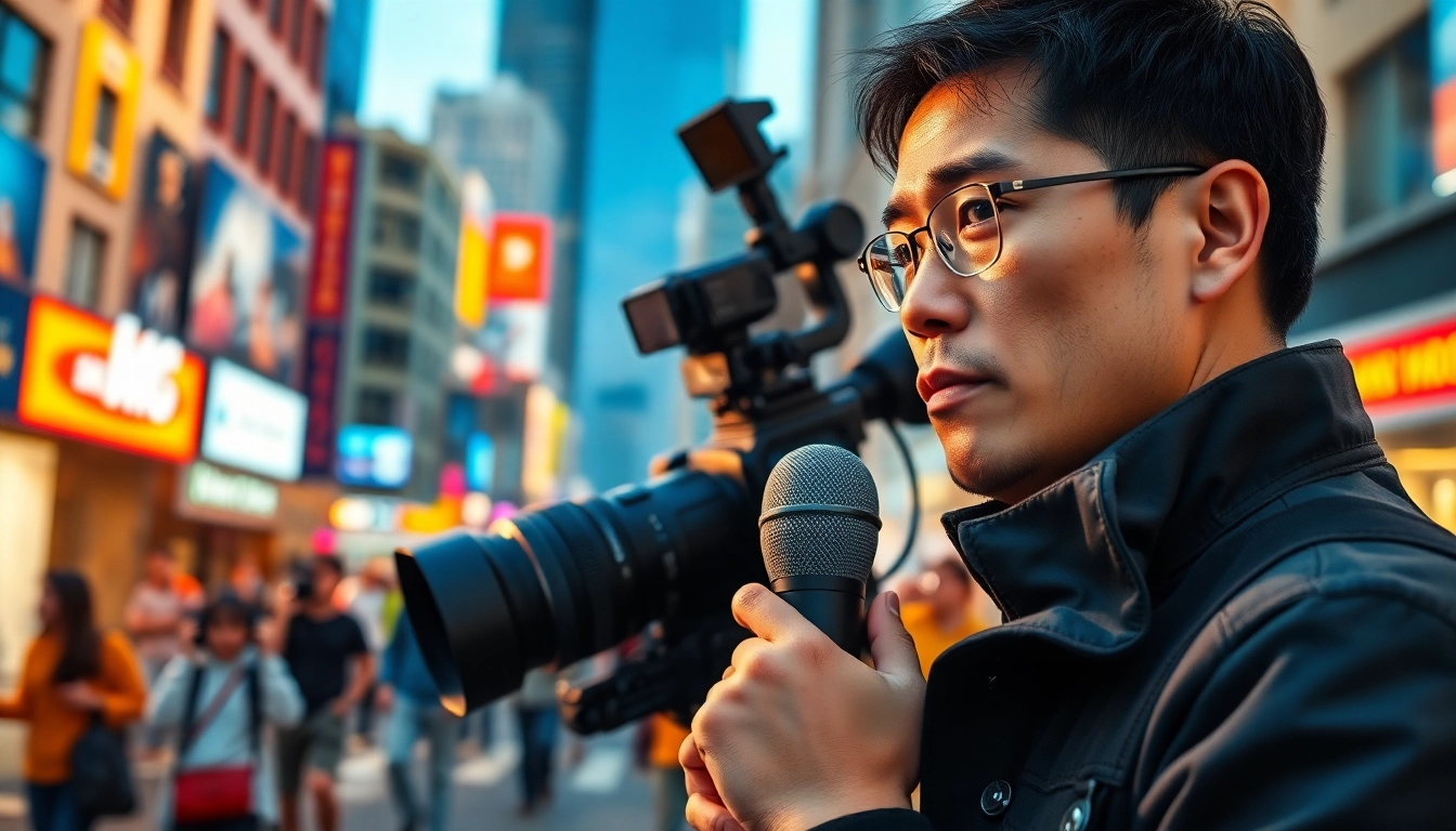 Capture of a news professional covering live news in an urban environment.