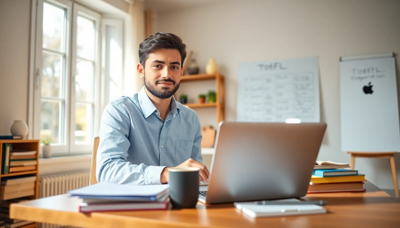Pay someone to take toefl near a student working at a study desk.