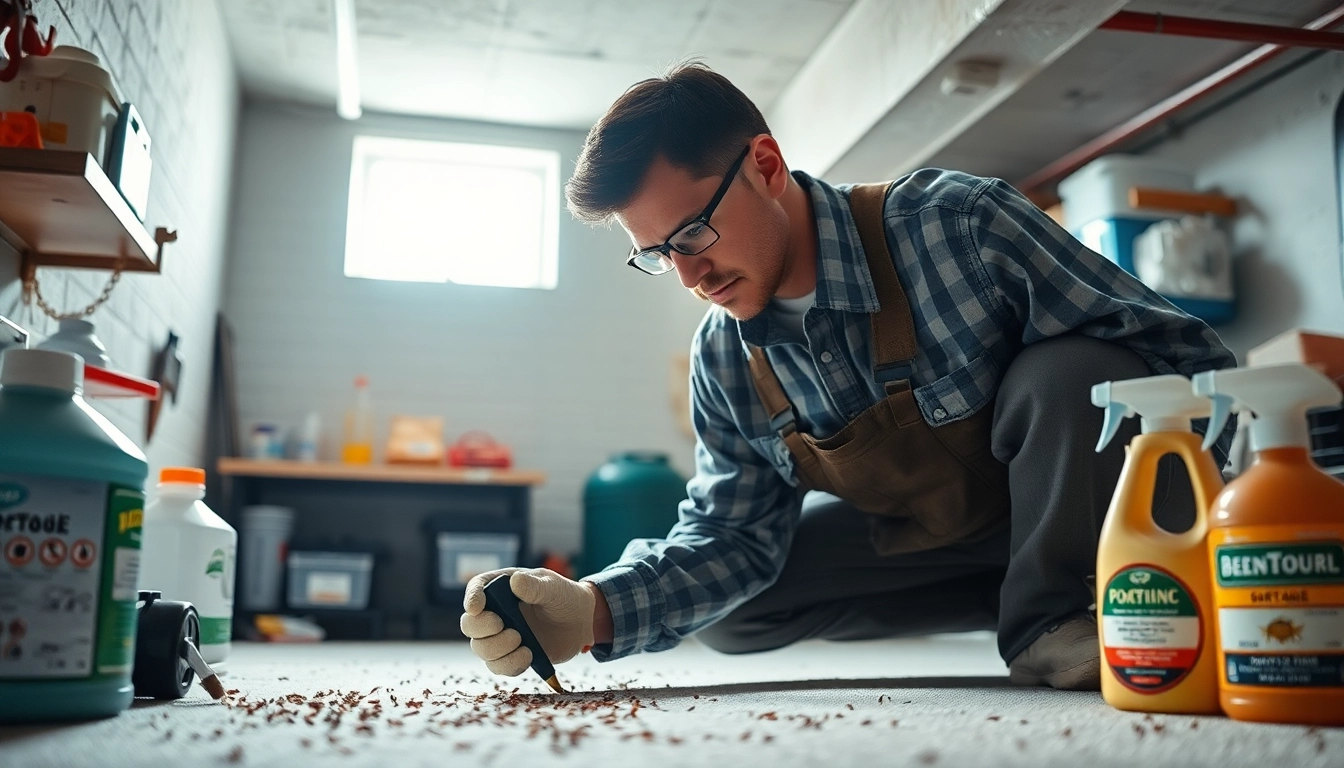 Effective basement bug removal by a technician inspecting a clean, well-lit basement space.