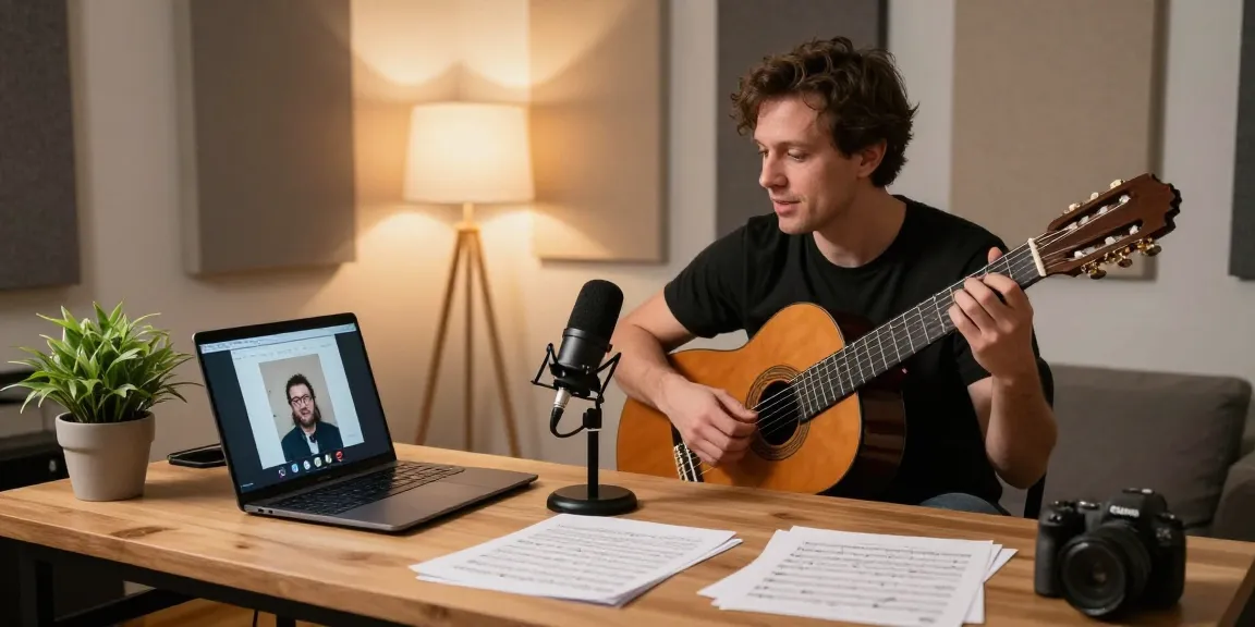Zoom Guitar Lessons conducted online with a passionate teacher, classical guitar, and cozy music studio ambiance.