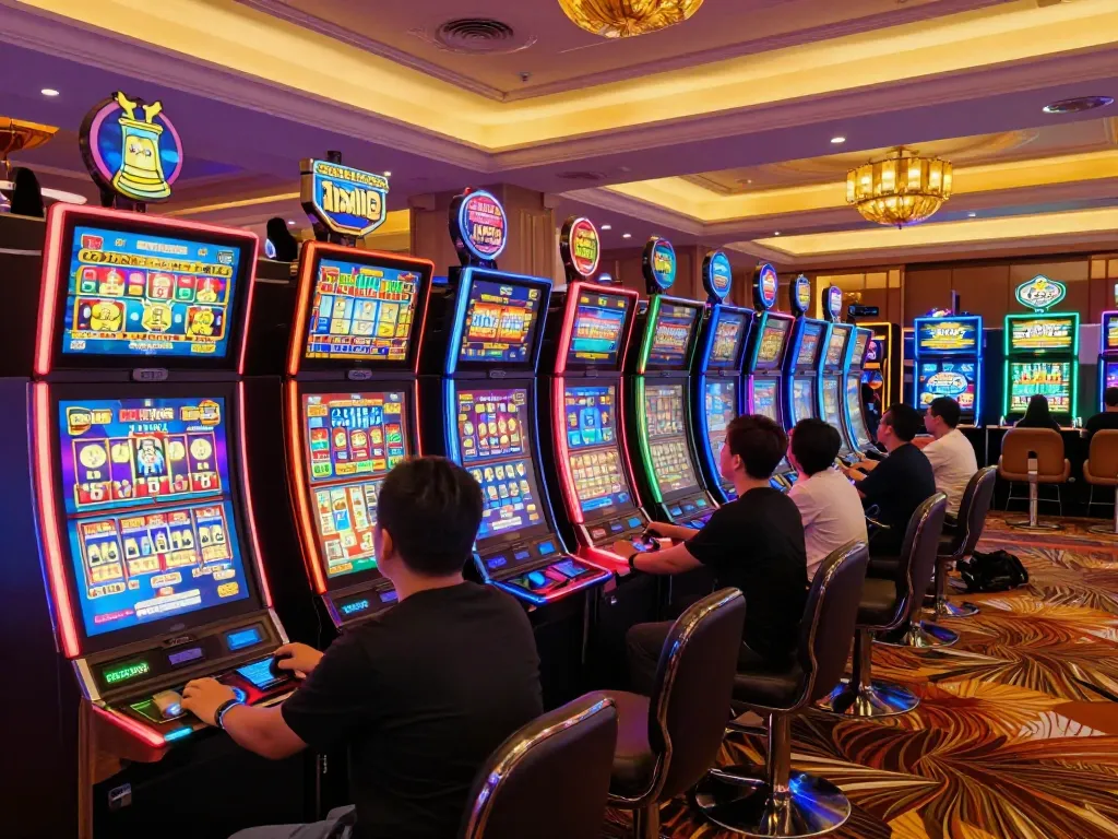 Engaged players enjoying slot gacor hari ini machines in a vibrant casino environment