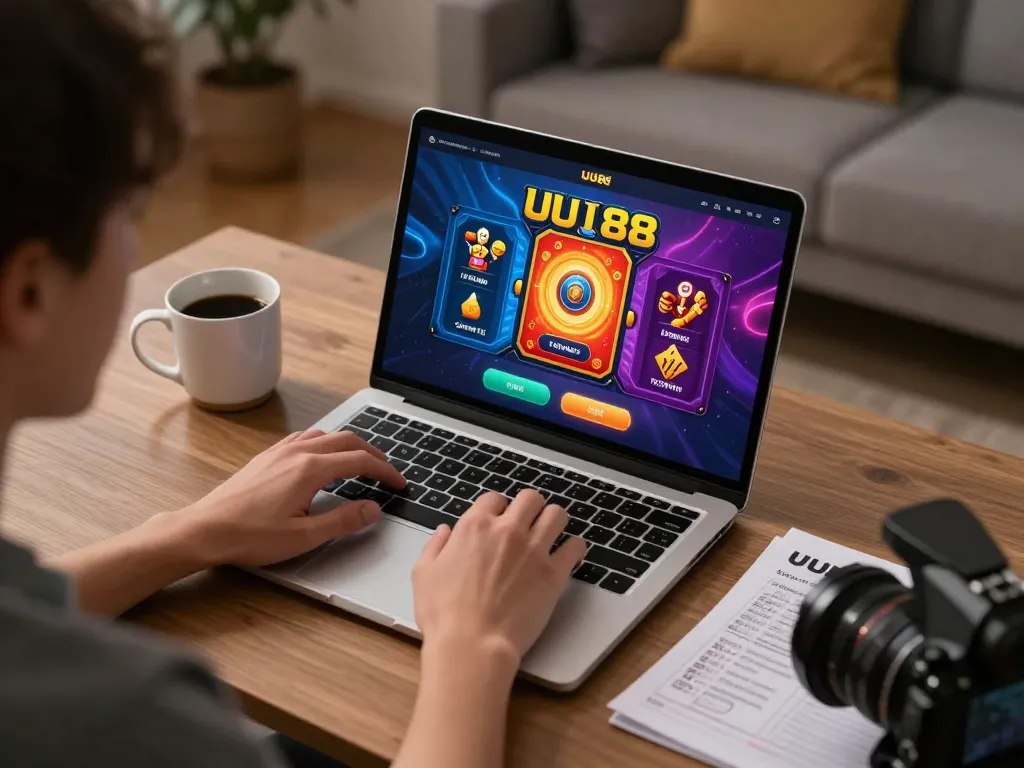 Engaging in UU88 bet online session, showcasing colorful casino interface on laptop in a cozy home setting.