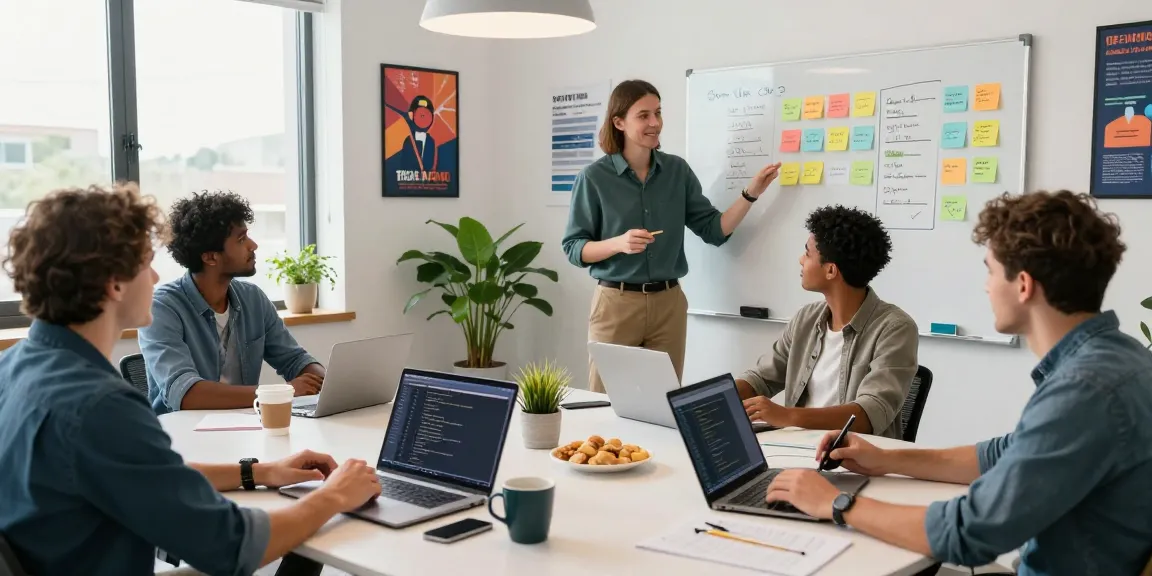 Team collaborating on Custom Software Development Services in a vibrant workspace.