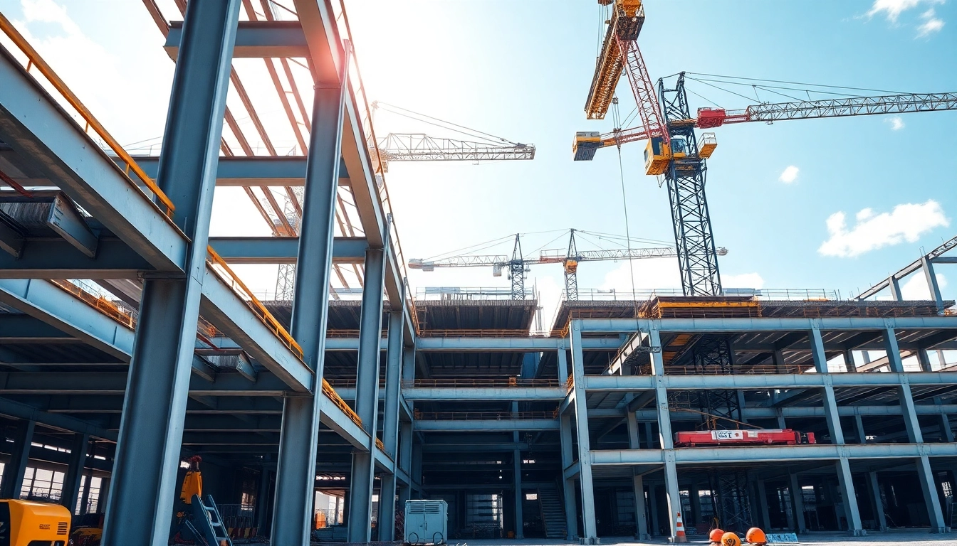 Observe steel structure design in action with cranes and beams at a construction site.