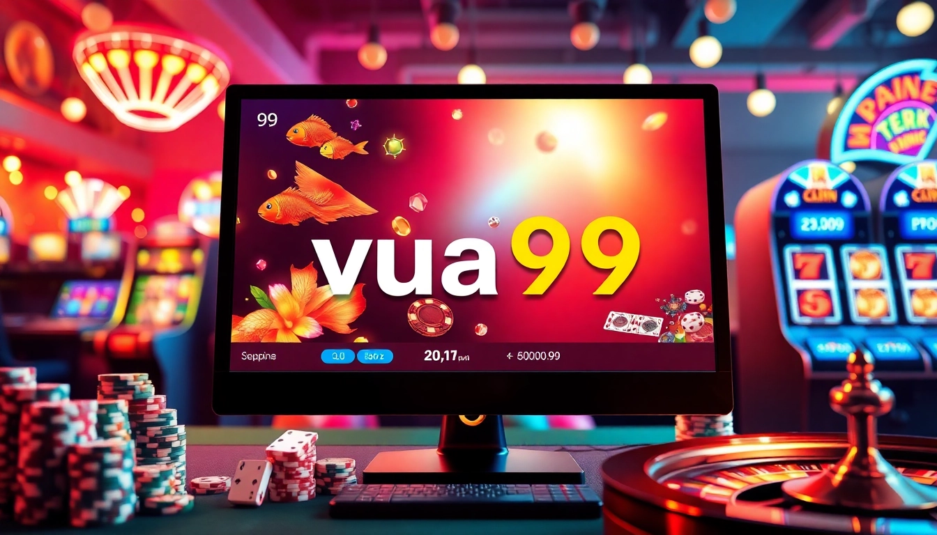 Engage with vua99's dynamic online gaming world featuring vibrant poker chips and colorful casino games.
