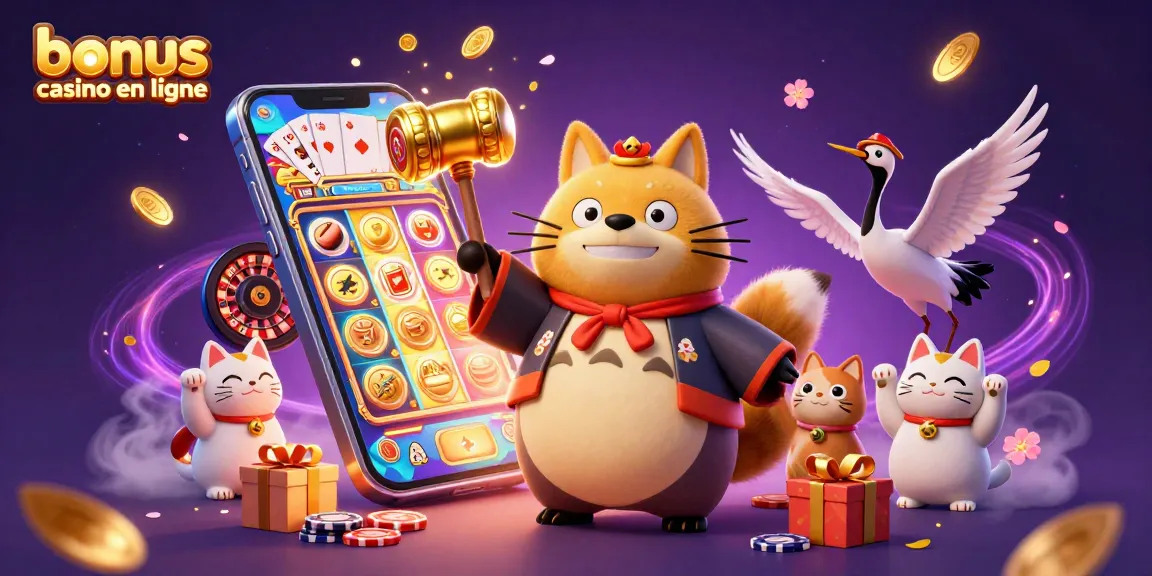Faites fortune avec le bonus casino en ligne et un tanuki chanceux dans une scène dynamique et colorée.