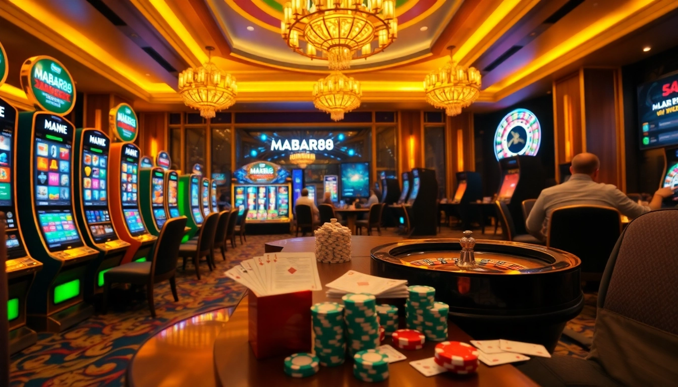 Pemain MABAR88 berinteraksi dengan mesin slot yang berwarna-warni dan roda roulette di kasino online mewah.