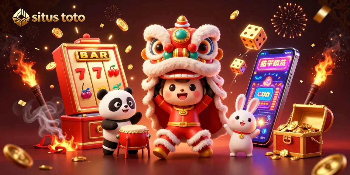 Situs toto offers exciting casino action with colorful characters and dynamic slot elements in an engaging illustration.