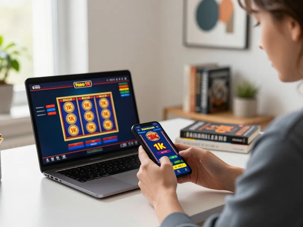 Bergabung dalam sesi permainan slot depo 1k online menggunakan smartphone, antarmuka cerah yang disorot.