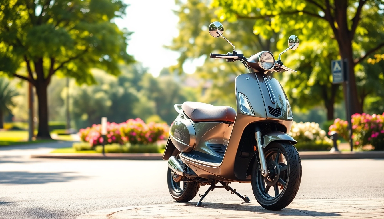 Motorroller 50ccm vor einem ruhigen Park, strahlt Eleganz und Stil aus.
