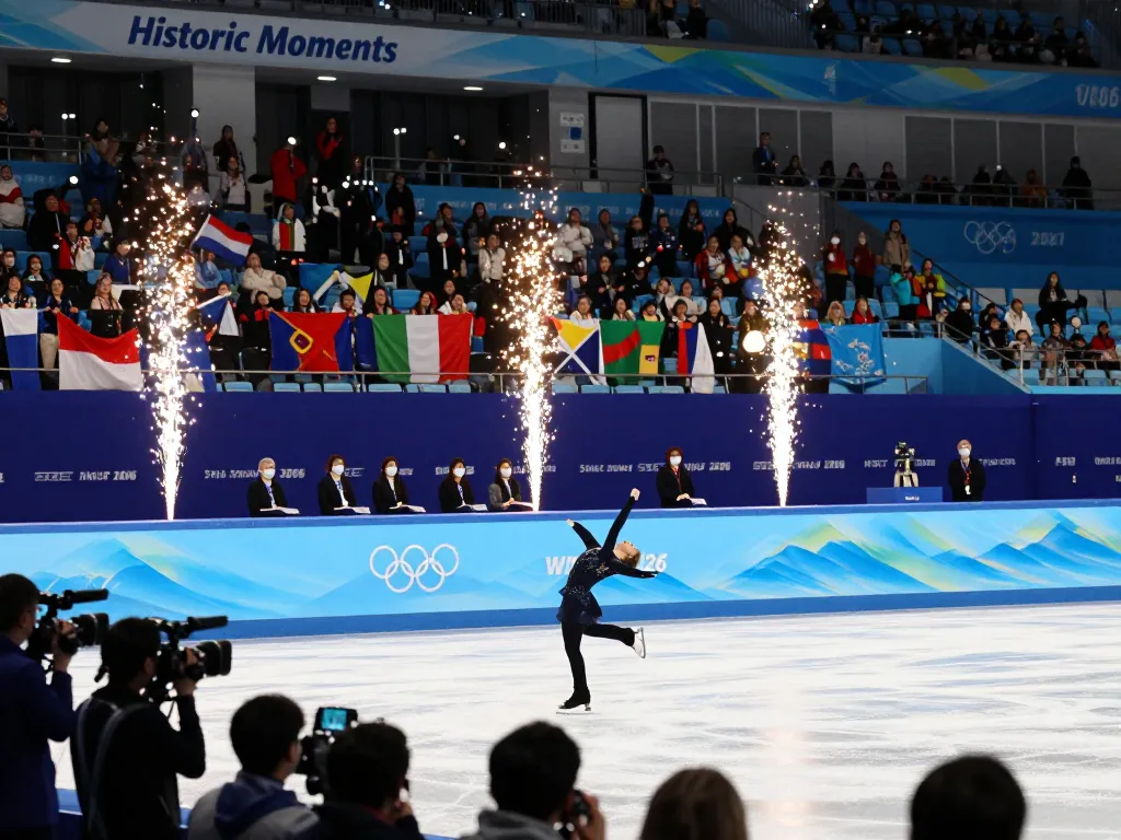 Ilia Malinin performing the backflip at the Winter Olympics, igniting the debate on its legality.