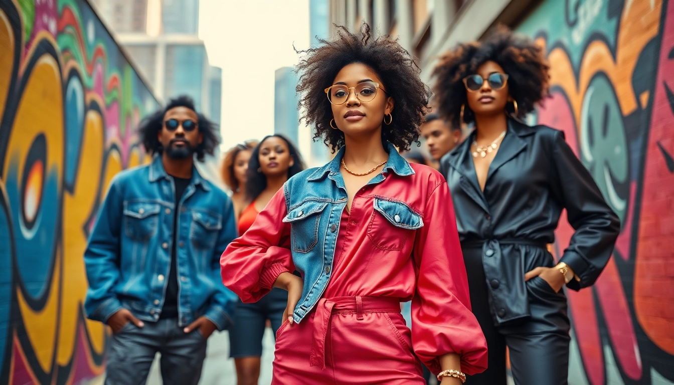 Engage with Fashion trends showcased by diverse models in an urban setting.