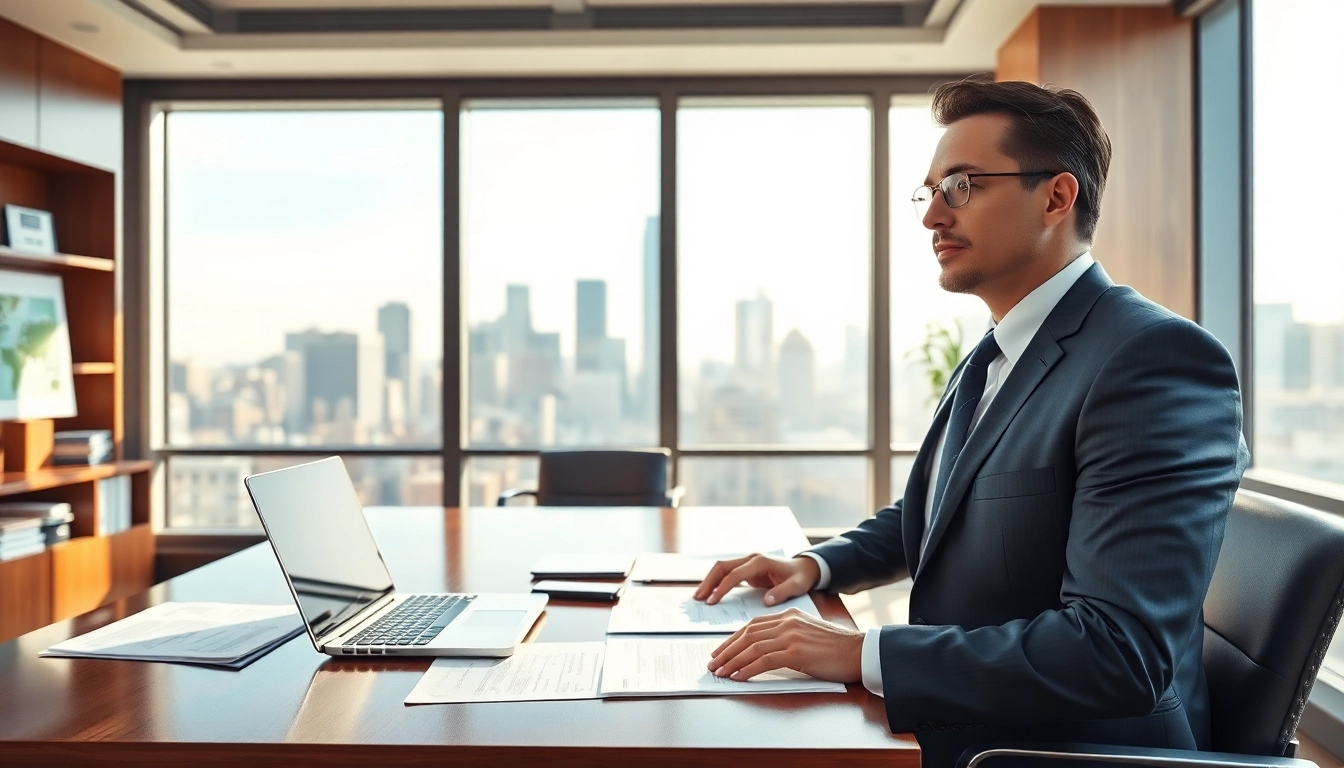Real estate lawyer reviewing property documents in a bright office environment.