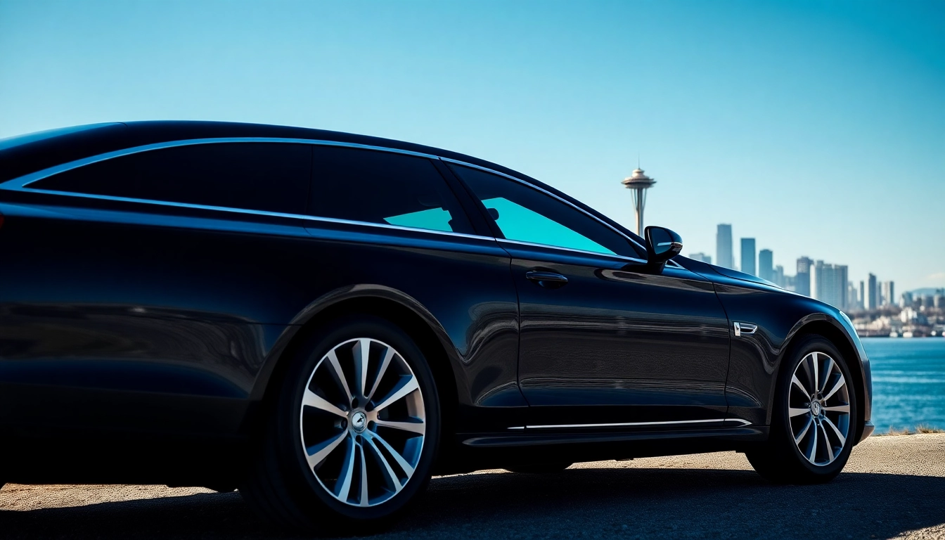 Offering premium car service from Vancouver to Seattle in a luxury sedan against the Seattle skyline.