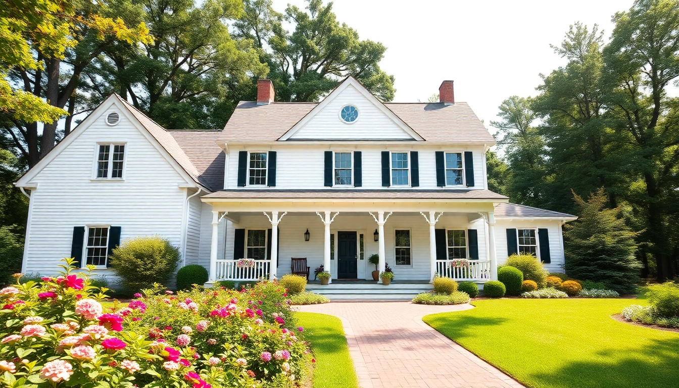 Showcasing a colonial home build with intricate details and manicured gardens.