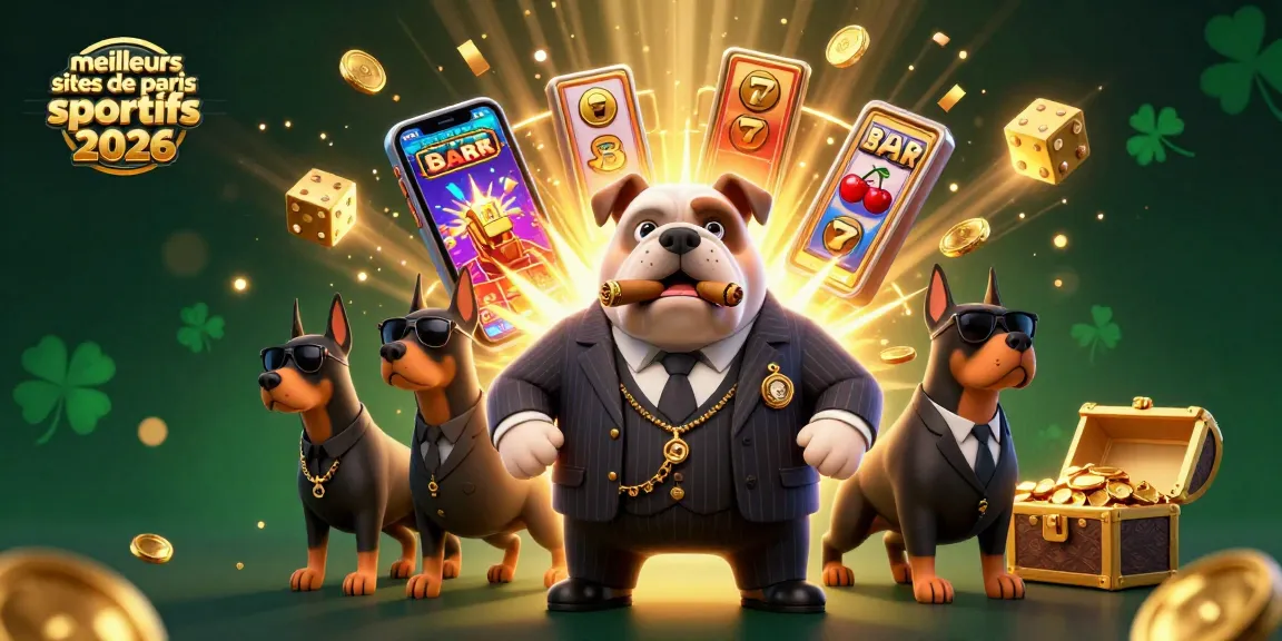 Illustration attirante des meilleurs sites de paris sportifs 2026 avec un bulldog mafieux et des éléments de casino.