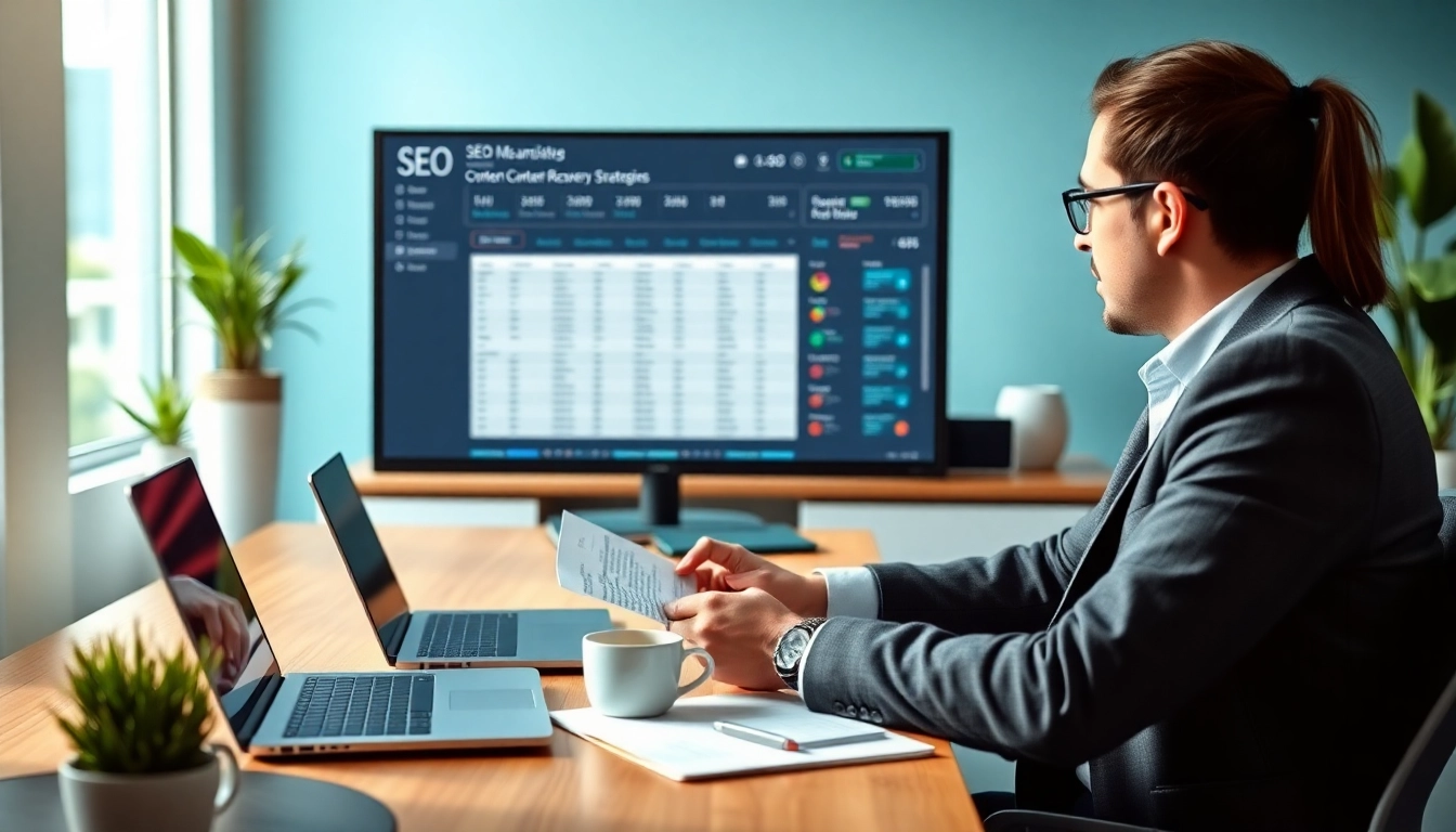 Analyze thin content penalty recovery strategies with a focused marketer in a vibrant office.